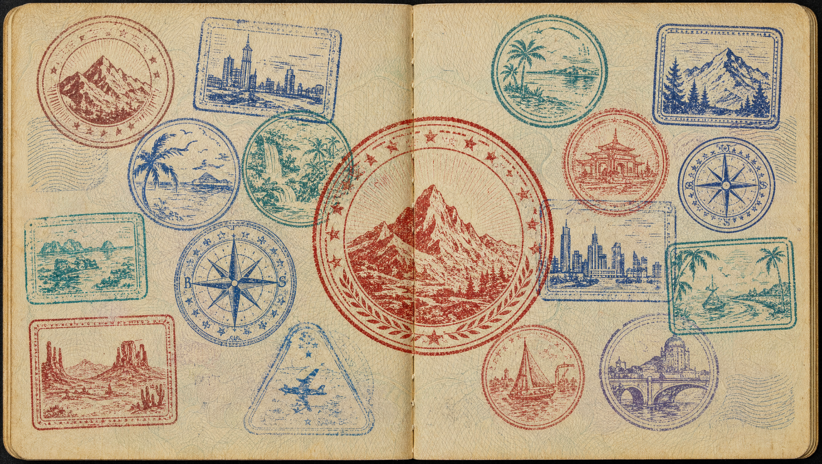 Open paspoort vol ink-stempels van bestemmingen, met een groot uitgelicht stempel in het midden